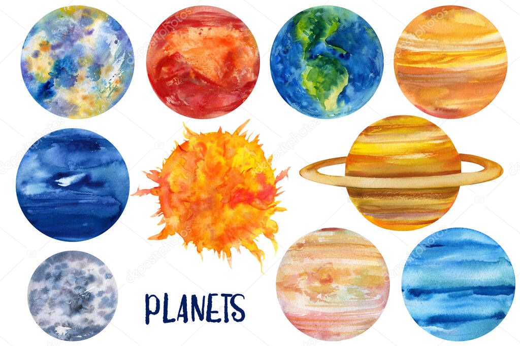 Set of watercolor planets, isolated white background, space, illustration, hand drawing