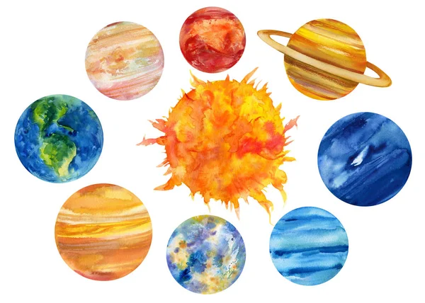 Sistema solar, planetas aquarela, fundo branco isolado, desenho a mão ilustração do espaço — Fotografia de Stock