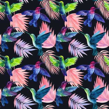 Sinek kuşu ve palmiye yaprakları. Tropikal çiçekler ve kuşlarla kusursuz bir desen. Modaya uygun çiçek deseni