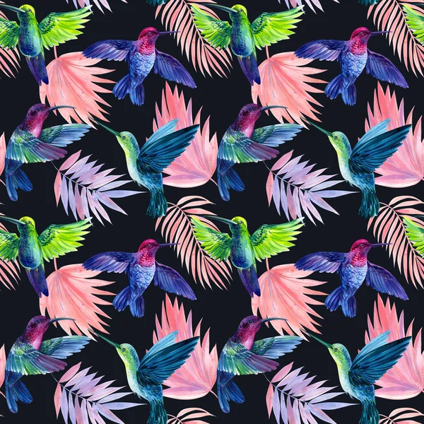 Kolibřík a palmové listy. Bezproblémový vzor s tropickými květinami a ptáky. Trendy květinový tisk — Stock fotografie