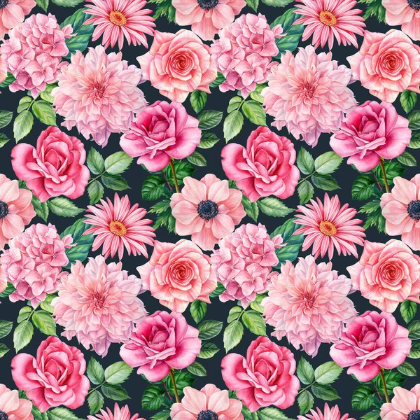 Sömlös mönster med akvarell hand rita vilda blommor, bakgrund med dahlia, rosor, anemoner. — Stockfoto