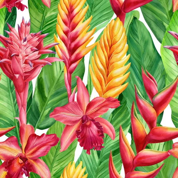 Безшовний квітковий візерунок з тропічними квітами, акварельна ілюстрація — стокове фото