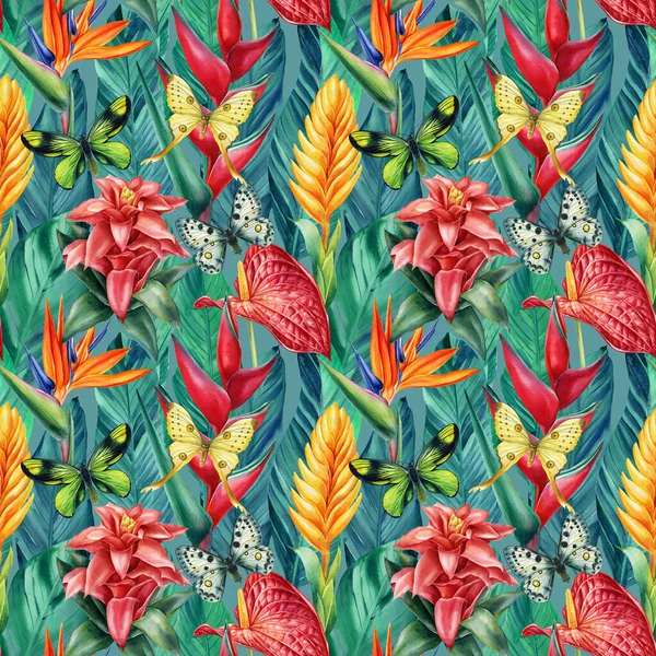 Nahtloses Muster mit tropischen Blüten Anthurium, Helikonien, Blättern und Schmetterling, Aquarellmalerei — Stockfoto