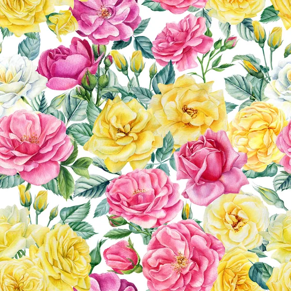Flores delicadas. Rosa e amarelo Rosas, botões e folhas, clipart floral aquarela, padrão sem costura — Fotografia de Stock