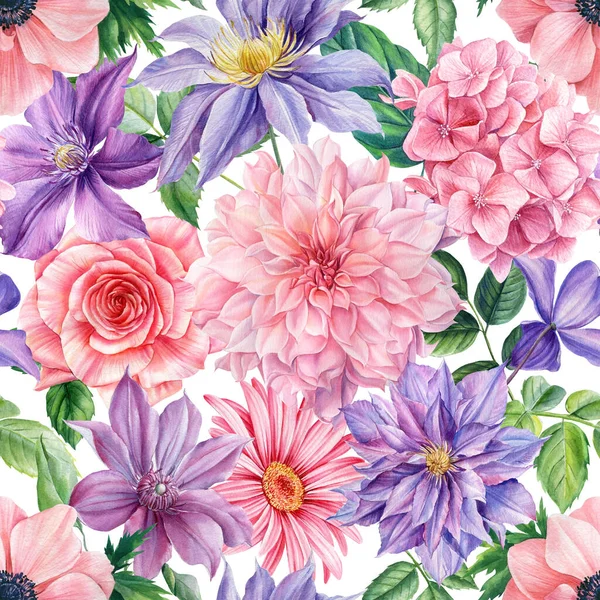 Tavaszi virágok. Rózsa, ánizs, dália és clematis, akvarell virág zökkenőmentes minta — Stock Fotó
