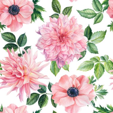 Suluboya çiçekler. Yıldız çiçekleri, güller, şakayıklar. pembe çiçek izi.