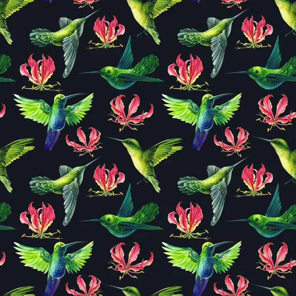 Sinek kuşu ve çiçek zambağı. Kusursuz desenli el boyası suluboya. Uçan kuşlarla arka plan 