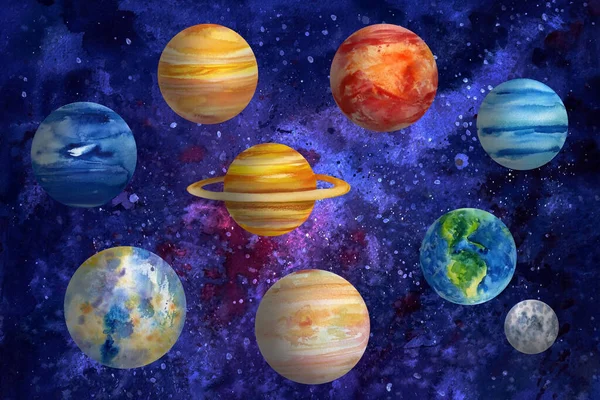 Spazio acquerello, Sistema solare, pianeti isolati sfondo bianco, pittura — Foto Stock