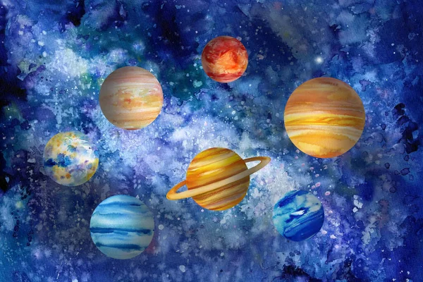 Χώρος υδατογραφίας και πλανήτες. Μοντέρνο σύμπαν χώρο αφηρημένη φόντο, ζωγραφισμένα στο χέρι εικονογράφηση — Φωτογραφία Αρχείου