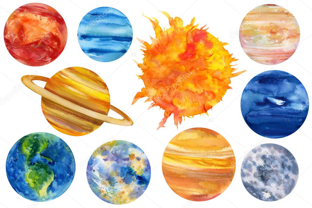 Hand-drawn watercolor planets, universes,. Large set space elements isolated on a white background.