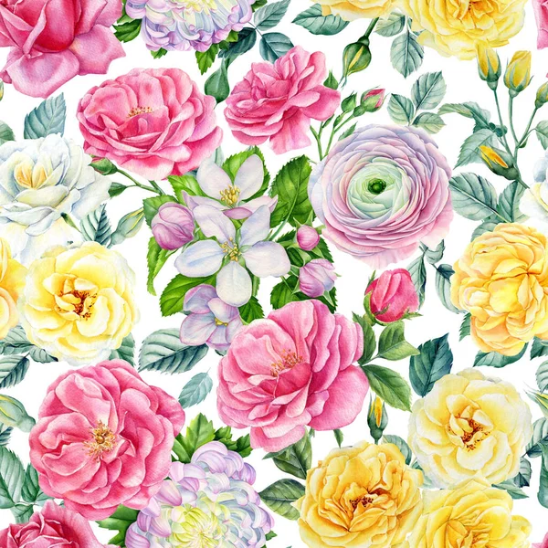 Delicate flowers. Roses, ranunculus, buds and leaves on white background, watercolor floral clipart, seamless pattern — Stock Photo, Image