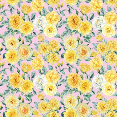 Narin çiçekler. Sarı güller, tomurcuklar ve yapraklar, çiçekli arka plan, suluboya kusursuz desen