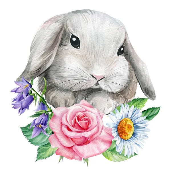 Υδατογραφία Χαριτωμένο λαγουδάκι με άγρια λουλούδια. Ζωική απεικόνιση. Πασχαλινά λαγουδάκια, ακουαρέλα ζωγραφικής, αφίσα για παιδιά — Φωτογραφία Αρχείου