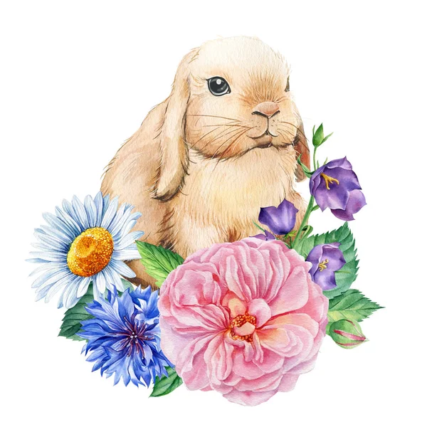 Lindo conejito con flores silvestres. Acuarela animal ilustración sobre fondo blanco aislado —  Fotos de Stock