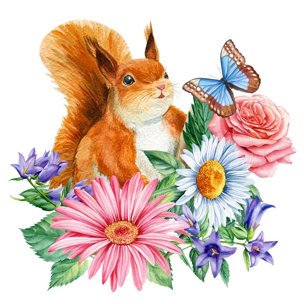 Écureuil mignon avec des fleurs sauvages aquarelle illustration sur fond blanc isolé — Photo