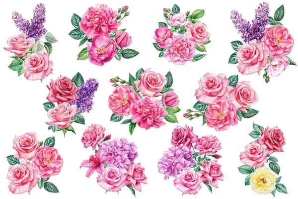 장미와 라일락, 외진 배경에 꽃을 놓는 모습, 무늬에 대한 수채화, 무늬, 직물, 배경. — 스톡 사진
