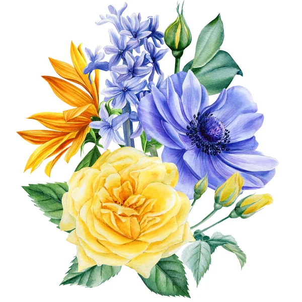 Flores amarelas e azuis. Rosa, girassóis, anémona e jacinto. Ilustração aquarela — Fotografia de Stock