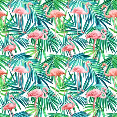 Palmiye yaprakları ve flamingo, beyaz arka planda tropikal kuşlar, suluboya botanik. orman pürüzsüz desenler.