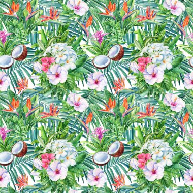 Hindistan cevizi, palmiye yaprakları, tropikal çiçek çiçekleri ve cennet kuşu çiçeği, suluboya botanik. Kusursuz desenler.