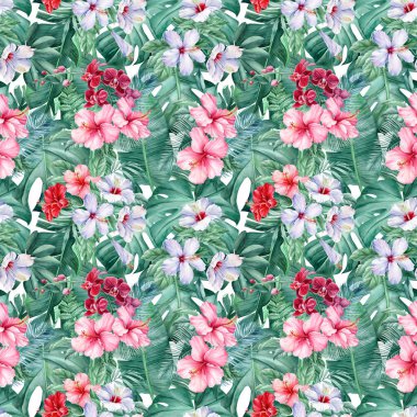 Kusursuz tropikal yaprak ve çiçek deseni, orman arka planı, suluboya resim