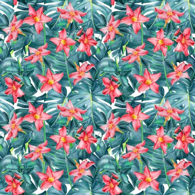 Kusursuz tropikal yaprak ve çiçek deseni, orman arka planı, suluboya resim