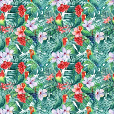Kusursuz tropikal yapraklar, çiçekler ve muhabbet kuşları papağanlar, orman arka planı, suluboya resim