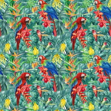 Kusursuz tropikal yapraklar, çiçekler ve papağanlar, orman arka planı, suluboya resim