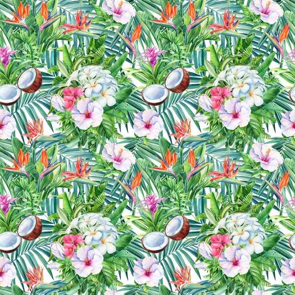 Kokosový ořech, palmové listy, tropické květy ibišek a rajský květ, akvarel botanický. Bezešvé vzory. — Stock fotografie