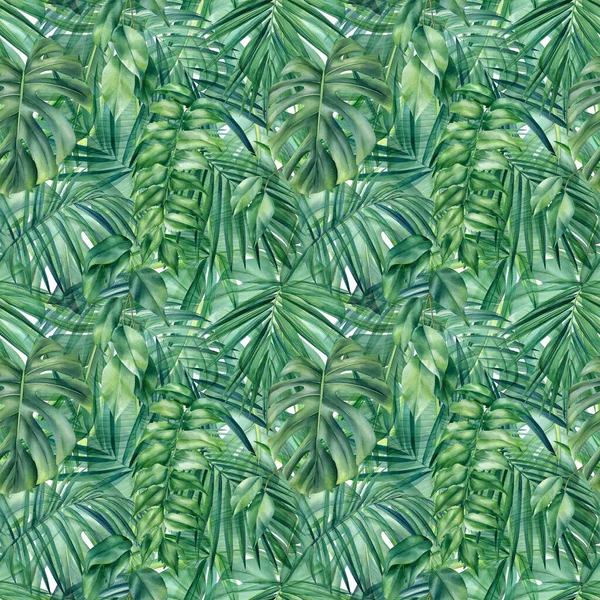 Seamless pattern of tropical palm leaves, jungle background, watercolor painting — Stock Photo, Image