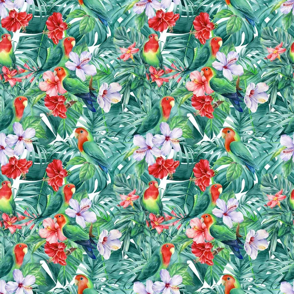 Seamless pattern of tropical leaves, flowers and lovebirds parrots, jungle background, watercolor painting