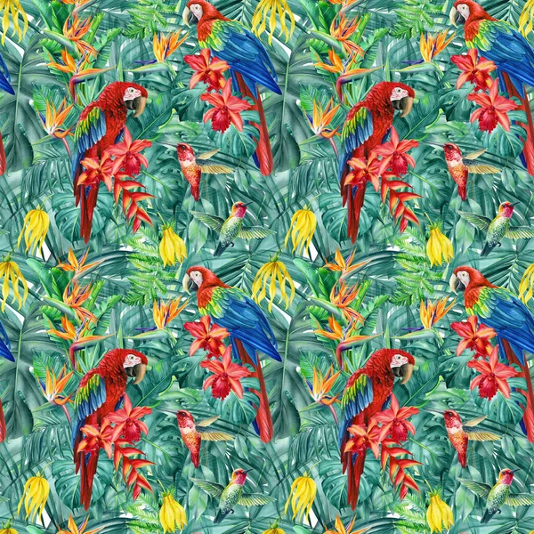 Bezešvé vzory tropických listů, květin a papoušků, džungle pozadí, akvarel — Stock fotografie
