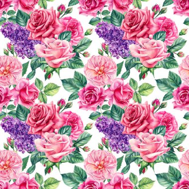 Çiçeklerin kusursuz deseni güller, leylak ve yapraklar. Suluboya çiçek arkaplanı