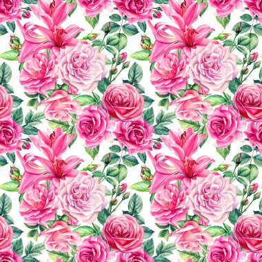 Gül ve zambak desenli kusursuz çiçek deseni. Pembe suluboya çiçekler. 