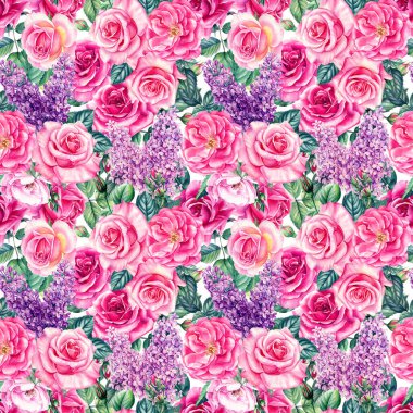 Çiçeklerin kusursuz deseni güller, leylak ve yapraklar. Botanik illüstrasyon. Suluboya çiçek arkaplanı