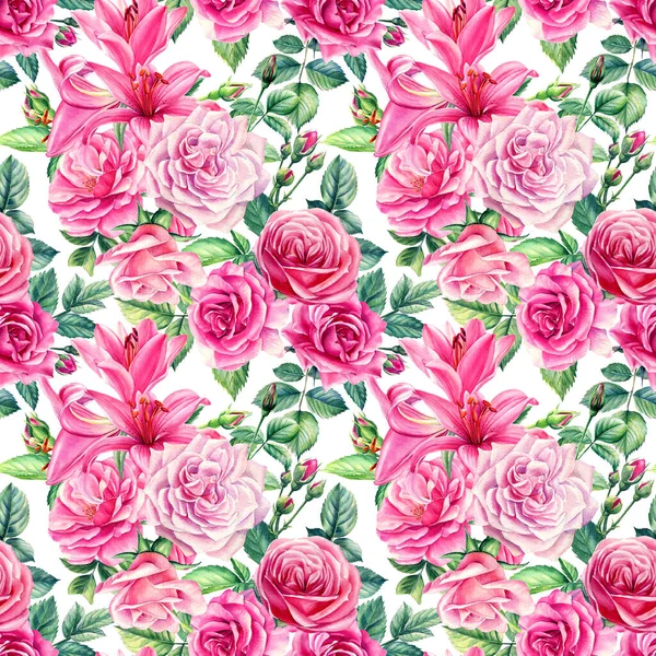 Απρόσκοπτη floral σχέδιο με τριαντάφυλλα, κρίνα. Ροζ λουλούδια ακουαρέλας. — Φωτογραφία Αρχείου