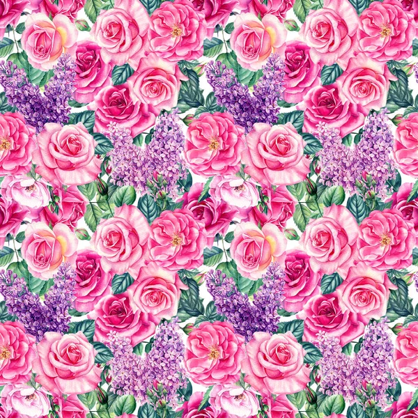 Seamless pattern of flowers roses, lilac and leaves. botanical illustration. Watercolor floral background — Stock Photo, Image