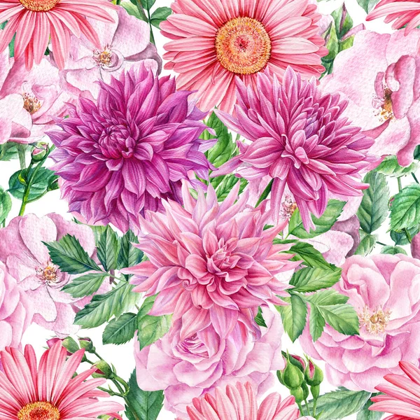 Motivo floreale senza cuciture con fiori rosa, gerbera e dalia su sfondo bianco. Trendy texture floreale. — Foto Stock