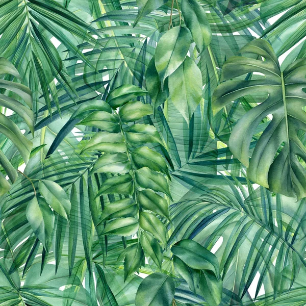 Seamless pattern of tropical palm leaves, jungle background, watercolor painting