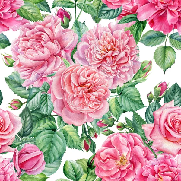 Seamless pattern of flowers. Roses, peony and leaves on an isolated background. Watercolor botanical illustration — Stock Photo, Image