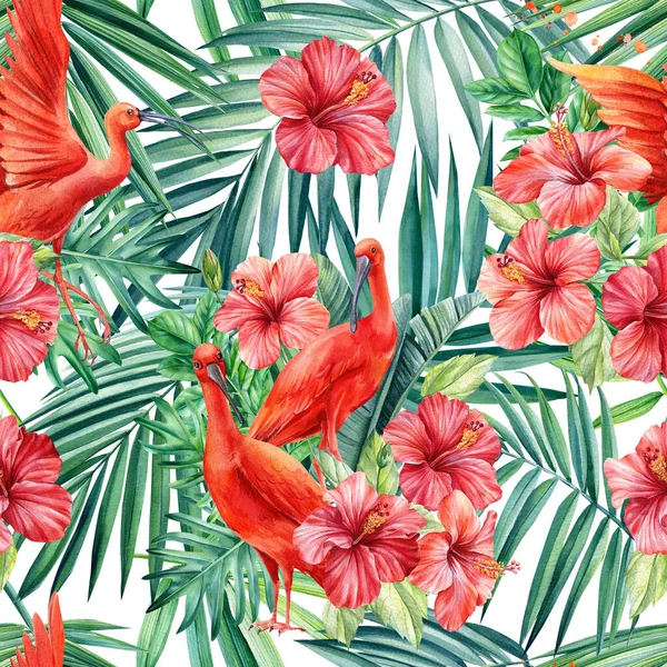 Palmiye yaprakları, tropik çiçek çiçekleri, beyaz arka planda Ibis kuşları, botanik suluboya. Kusursuz desenler. — Stok fotoğraf