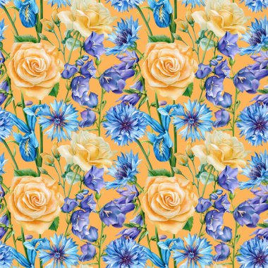 Sarı ve mavi kır çiçekleri, güller ve çan çiçekleri, çiçeklerin tasarımı, çiçeklerin sulu boya desenleri