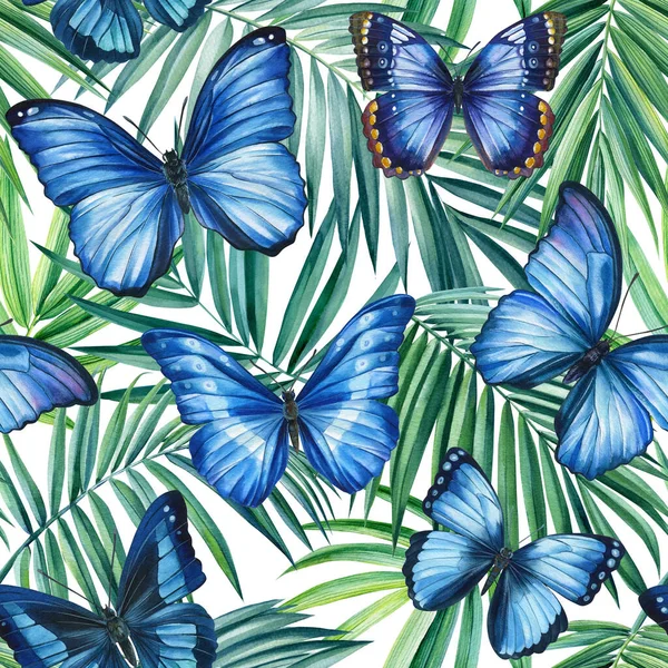 熱帯の背景。青い蝶のツバメの尾。繊維のためのシームレスなパターン。水彩画 — ストック写真
