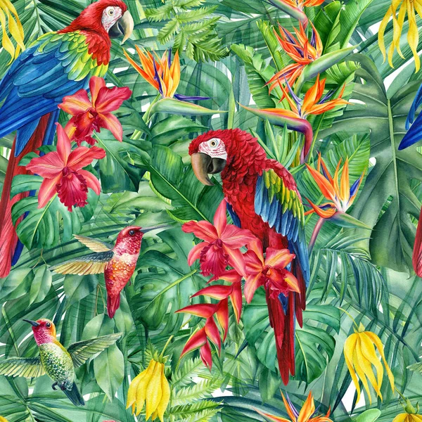 热带树叶、花朵和鹦鹉的无缝图案、丛林背景、水彩画 — 图库照片