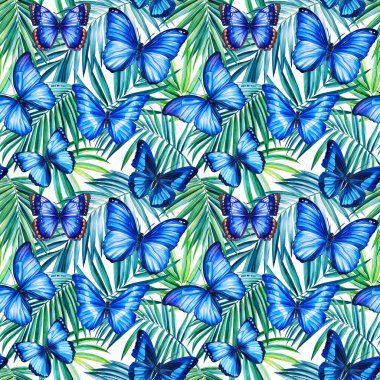 Tropikal arka plan. Dekorasyon için kelebek deseni. Tekstil için kusursuz desen. Suluboya resim
