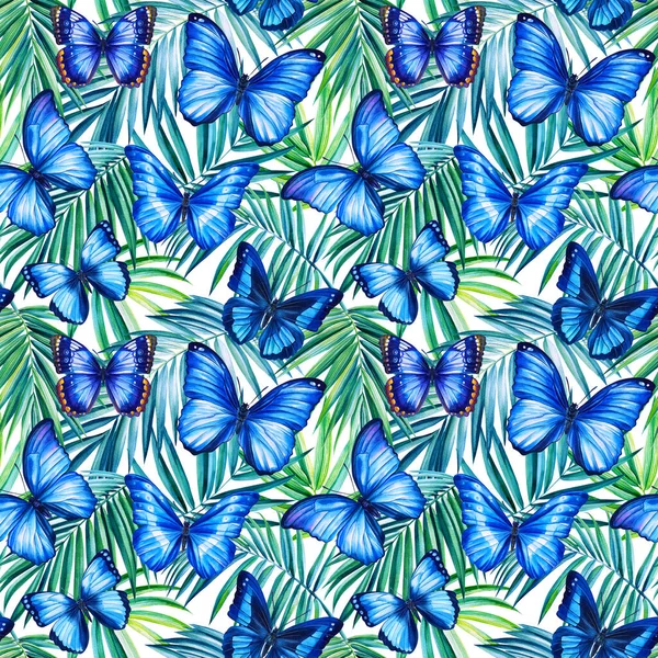熱帯の背景。装飾のための蝶パターン。繊維のためのシームレスなパターン。水彩画 — ストック写真