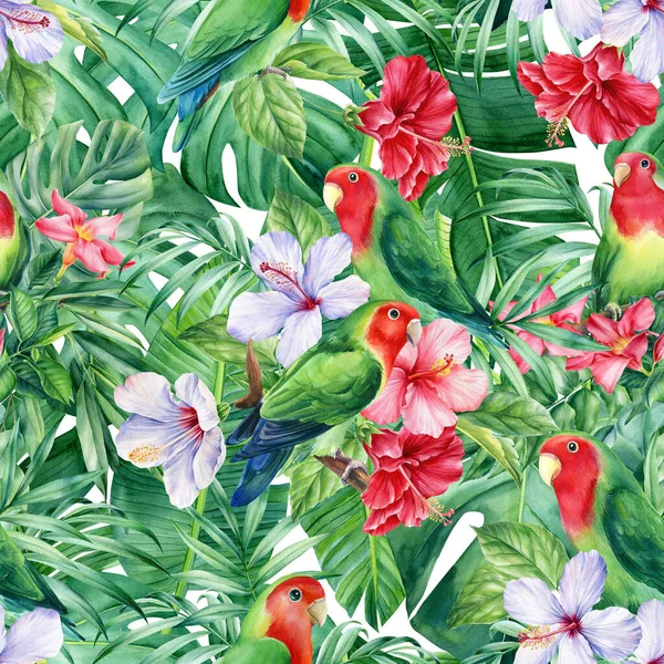 Zökkenőmentes minta trópusi levelek, virágok és szerelmes madarak papagájok, dzsungel háttér, akvarell festés — Stock Fotó