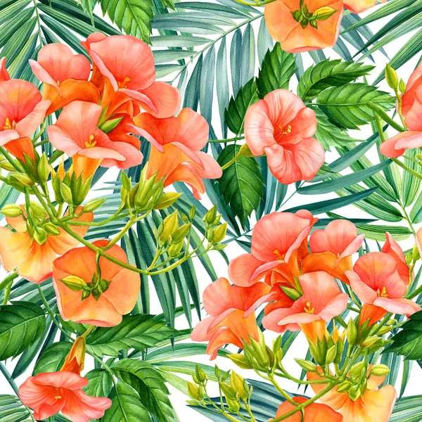 Rośliny dżungli. Liście palmy i tropikalne kwiaty Campsis na białym tle, akwarela botaniczne. Płynne wzory. — Zdjęcie stockowe