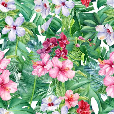 Kusursuz tropikal yaprak ve çiçek deseni, orman arka planı, suluboya resim