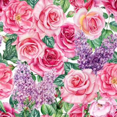 Çiçek tasarımı. Güller, leylak ve yapraklar. Çiçekli suluboya arka plan. Kusursuz desen 