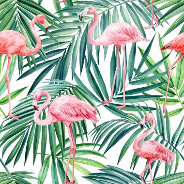 Pembe flamingo ve palmiye yaprakları, suluboya resimli tropikal kuşlar. Kusursuz desenler.